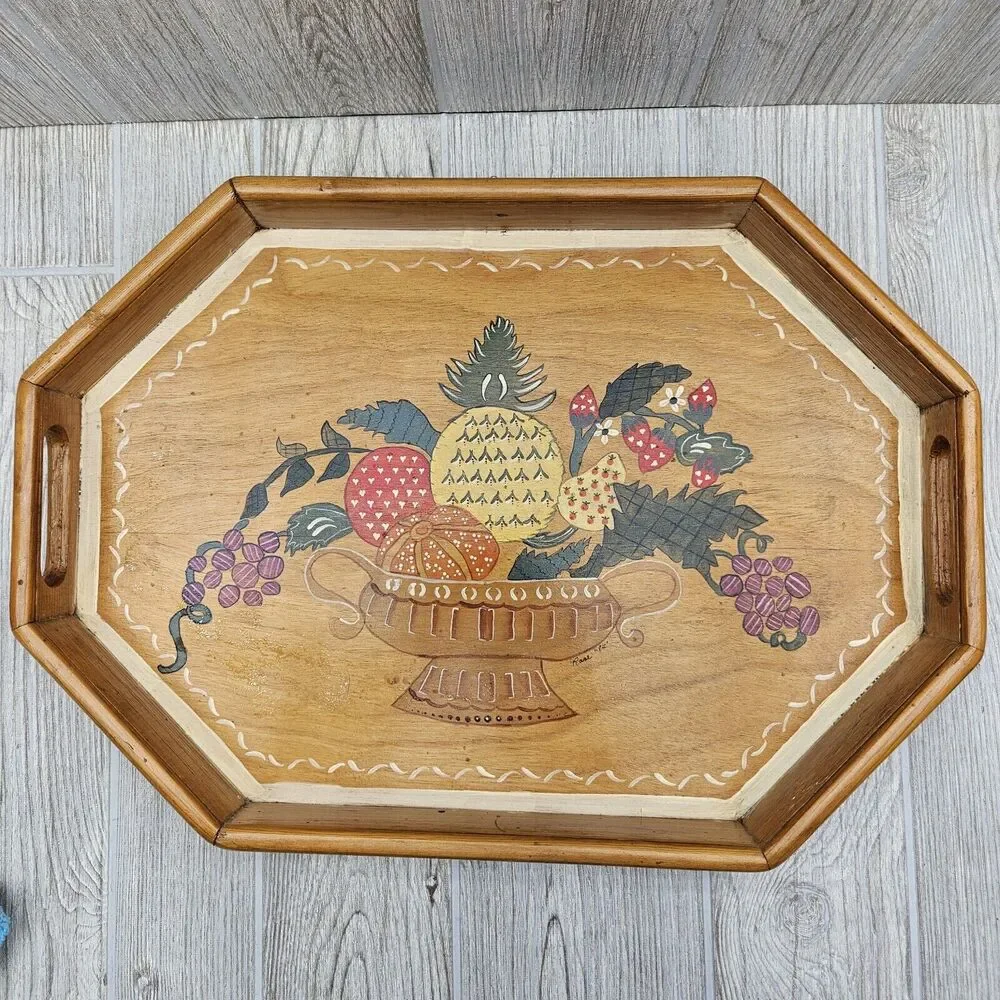Vintage Hand Painted Wood Serving Tray With Wall Hanging‎ Hook Rose 1984